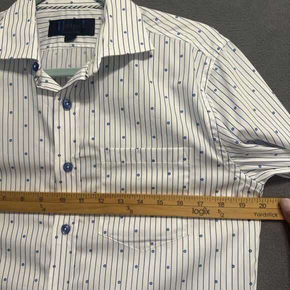 Haspel Co New Orleans Button Up Dress Shirt Men Size Small White Blue Geometric - Picture 8 of 10